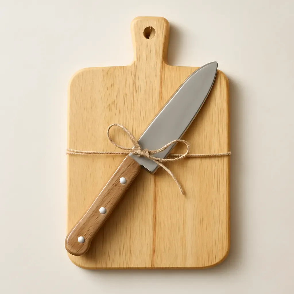 Editorial illustration (not the exact linked listing) of compact prep board and knife starter set
