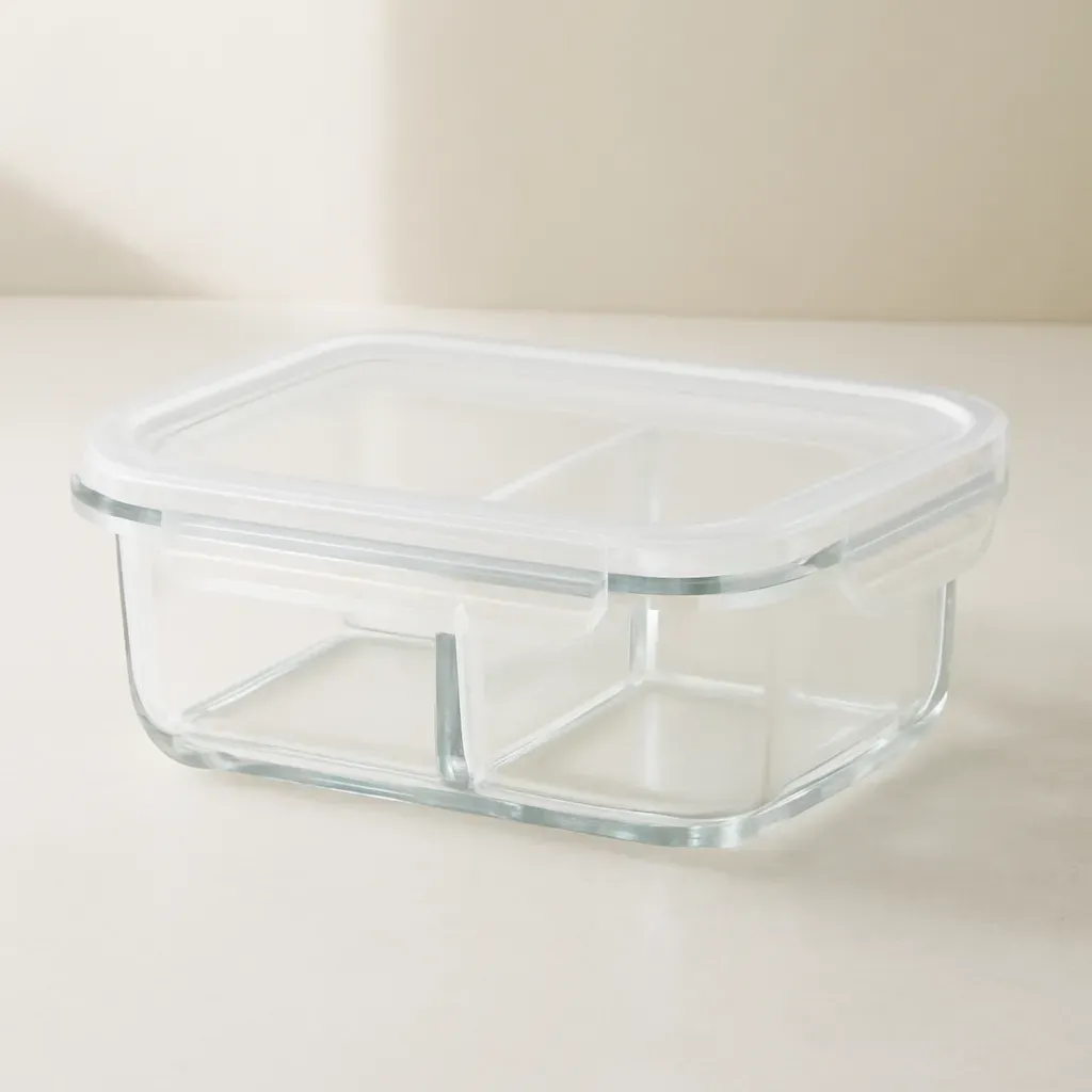 Editorial illustration (not the exact linked listing) of glass containers with divided compartments