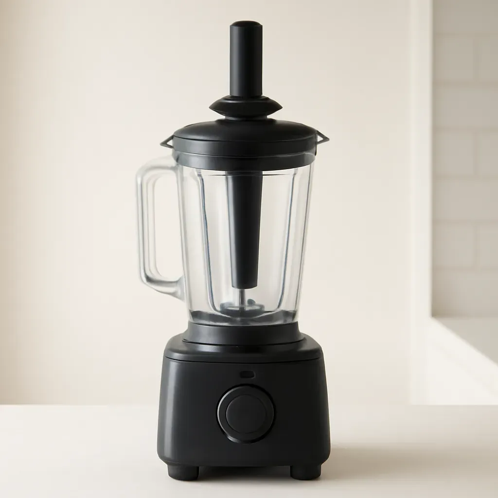 Editorial illustration (not the exact linked listing) of high-speed blender with tamper