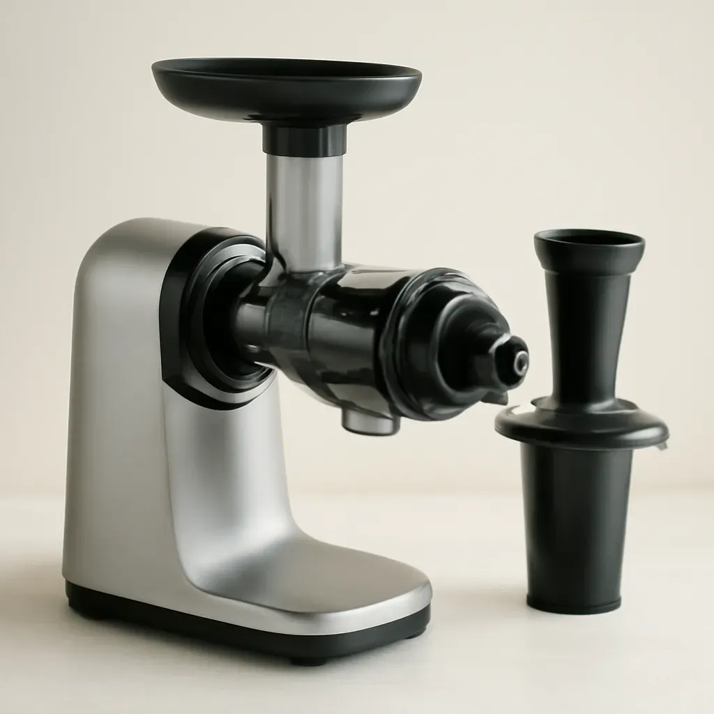 Editorial illustration (not the exact linked listing) of masticating juicer with frozen-fruit attachment