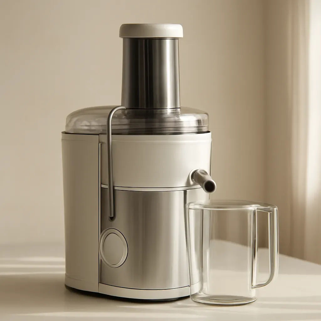 Editorial illustration (not the exact linked listing) of quiet-motor juicer for mornings
