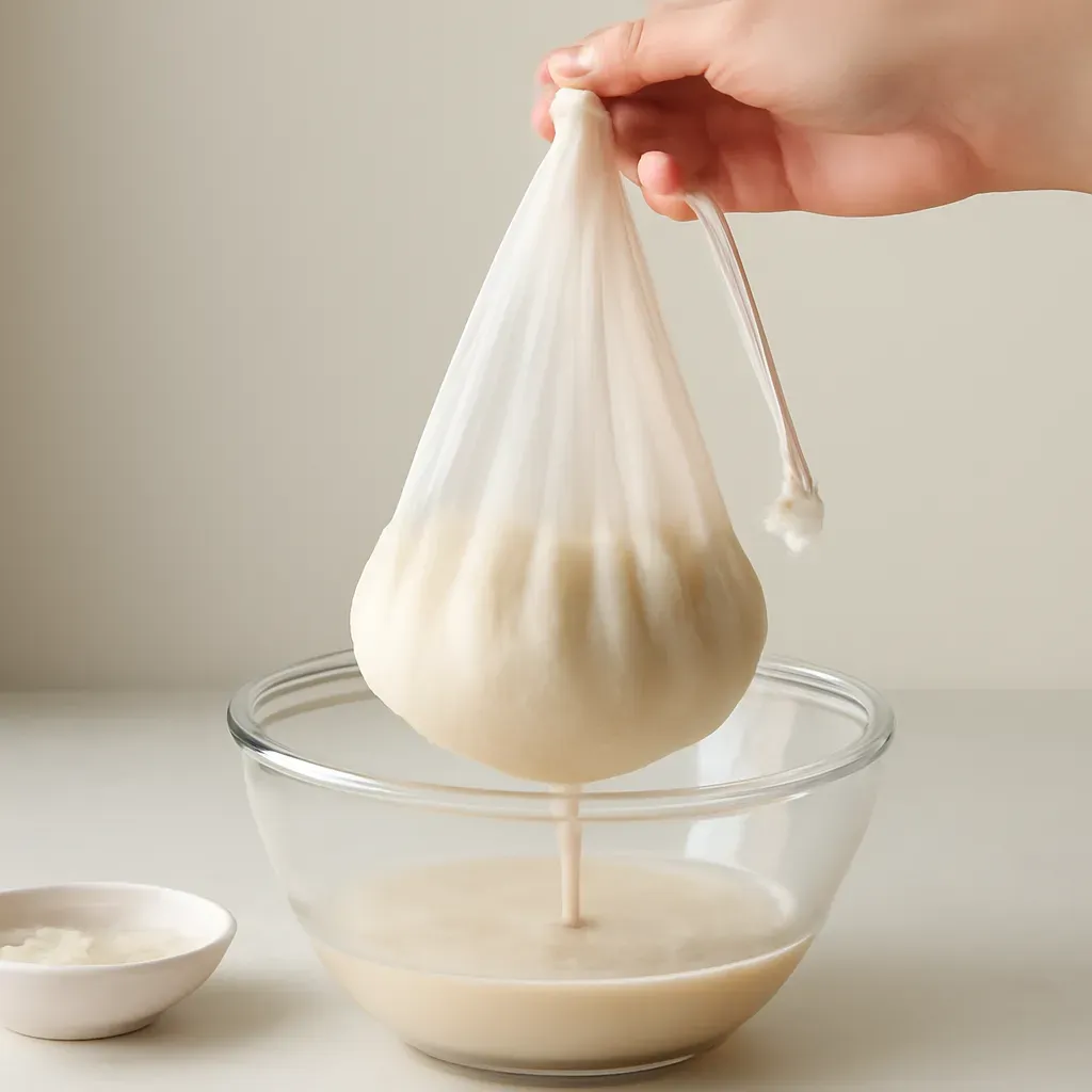 Editorial illustration (not the exact linked listing) of reusable nut milk / juice straining bag